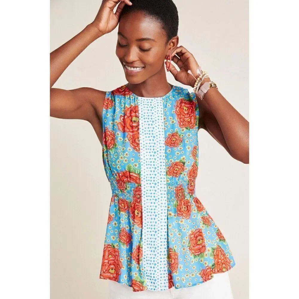 Anthropologie Farm Rio Zinnia Smocked Peplum Floral Top Size Small